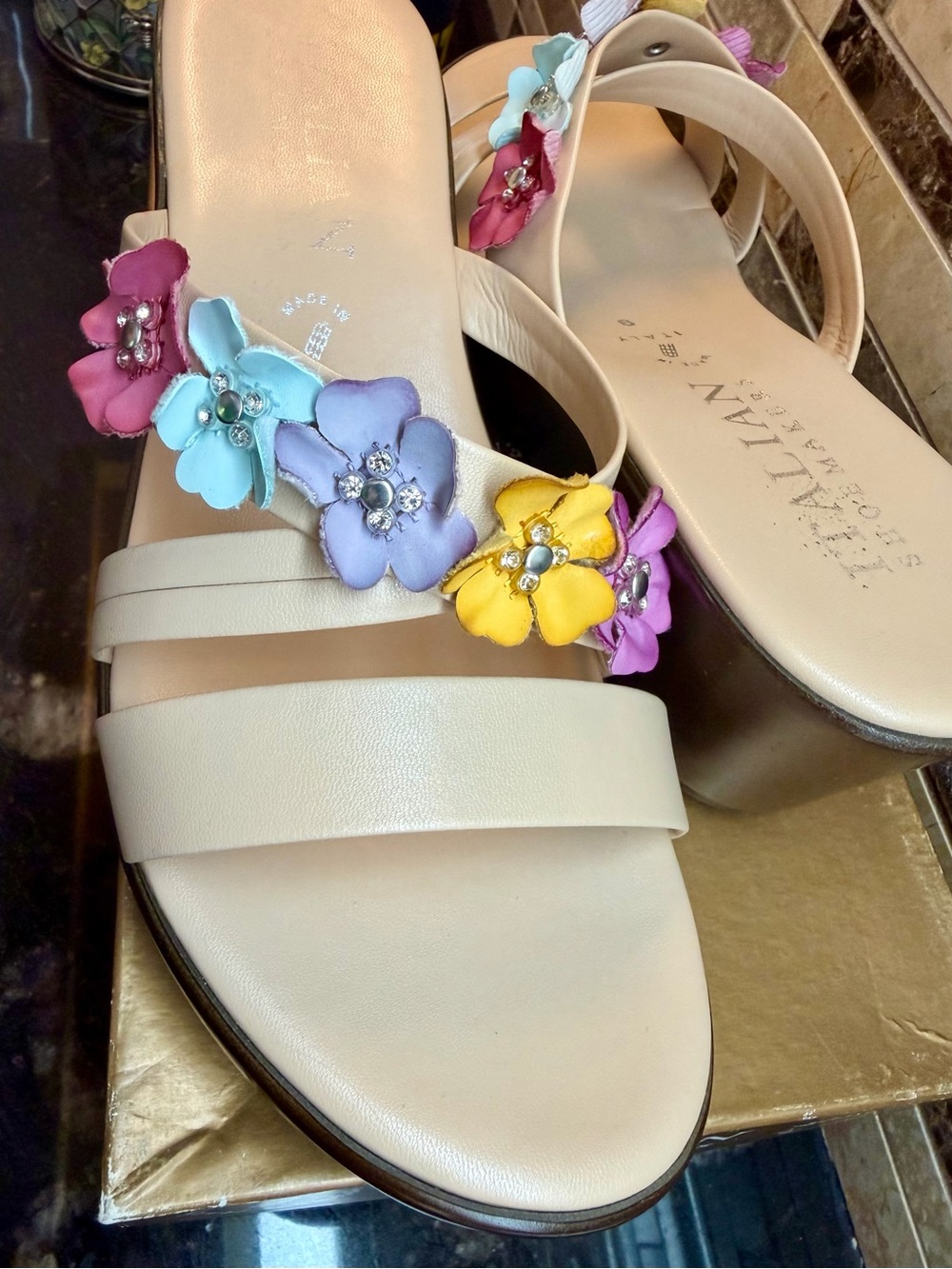 Italian Shoemakers Nude Slide Wedge Sandals with Multicolor Floral Appliqués - Picture 8 of 11
